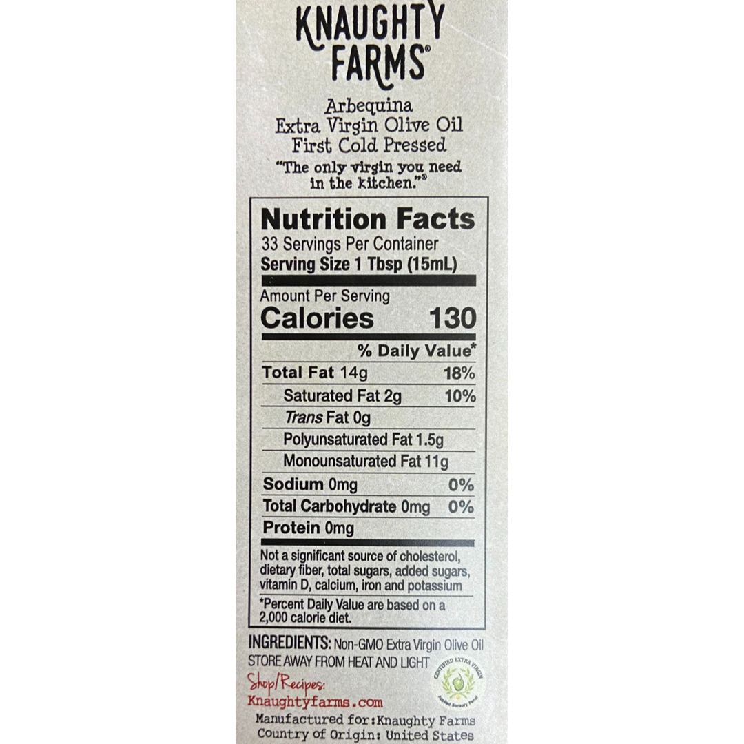 1 Bottle - Knaughty Farms® Arbequina Extra Virgin Olive Oil